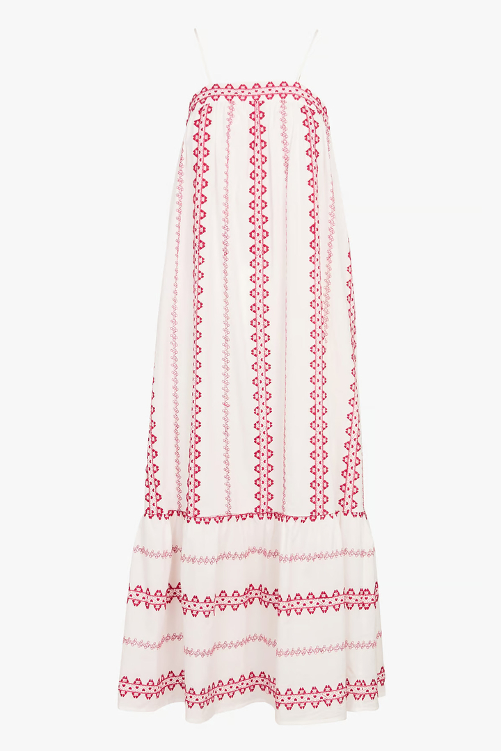 Loose-fitting dress with embroidery and straps -Pink
