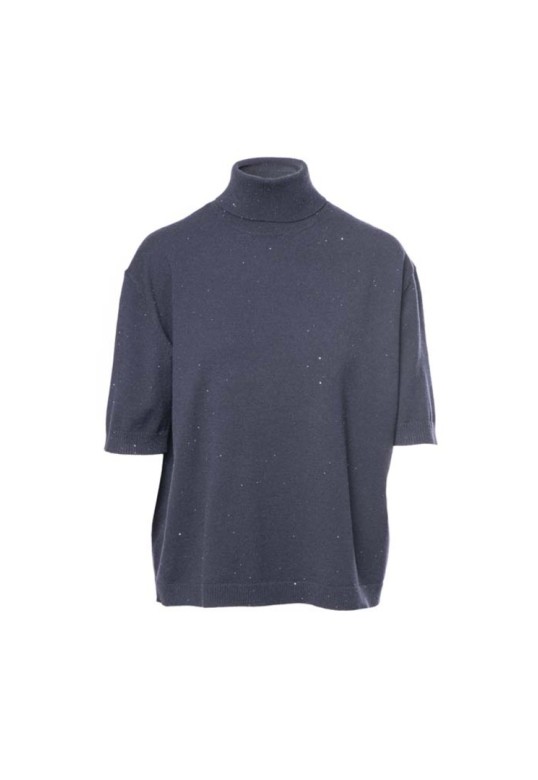 Shortsleeve knitted turtleneck top Blue
