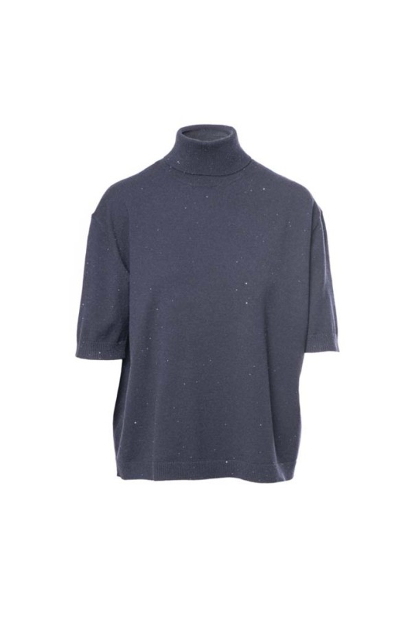 Shortsleeve knitted turtleneck top Blue