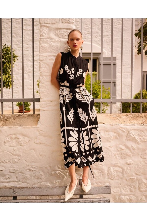 MIDI EMBROIDERED SLEEVELESS DRESS WHITE