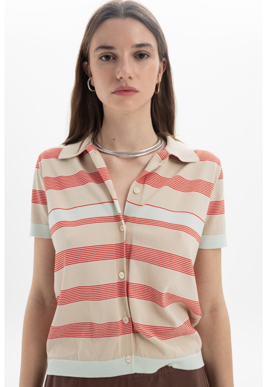 Striped Knit Polo Beige