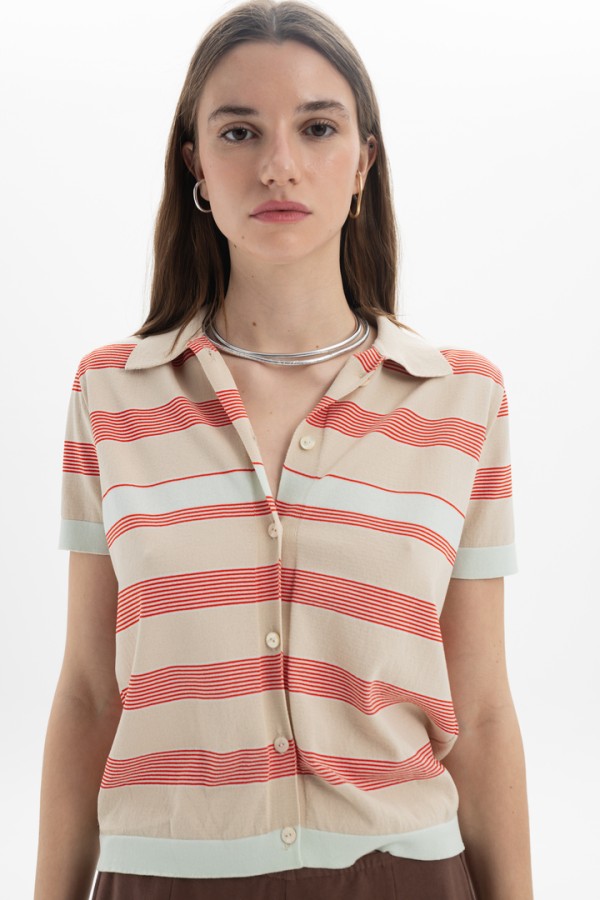 Striped Knit Polo Beige
