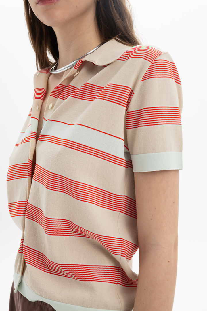 Striped Knit Polo Beige