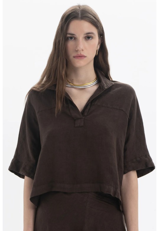 Linen Polo Top Brown