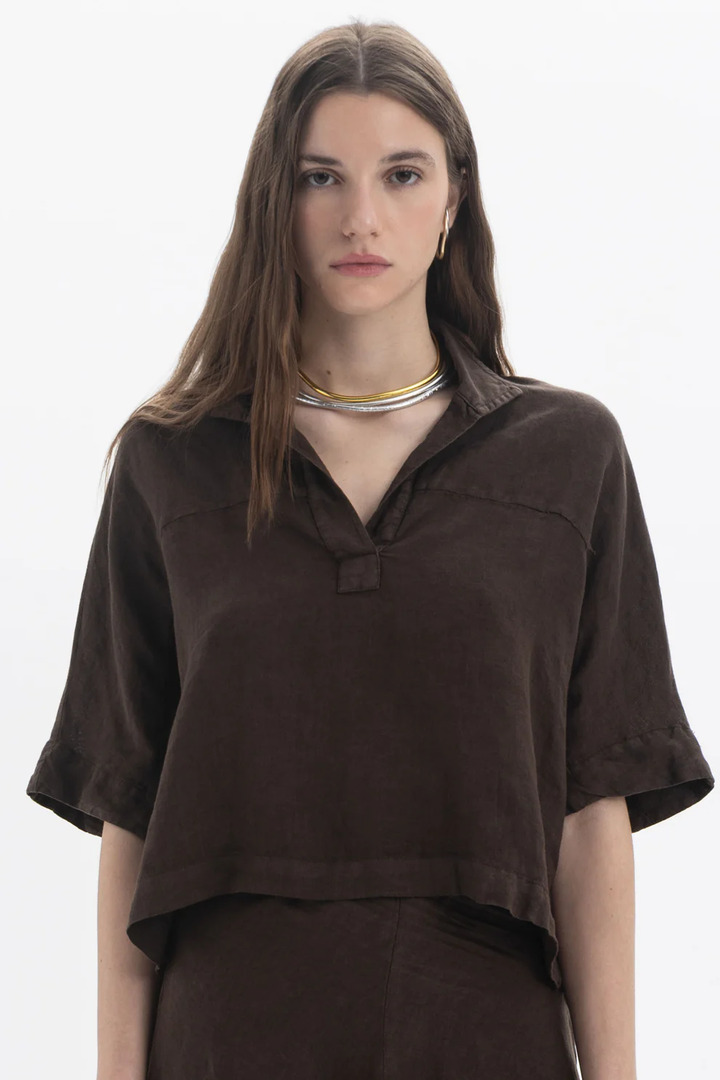 Linen Polo Top Brown