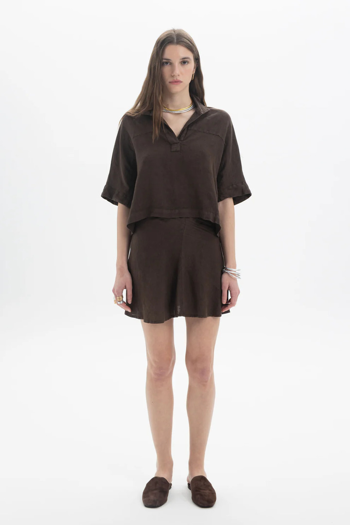 Linen Polo Top Brown
