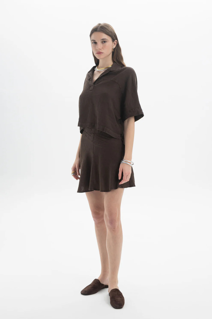 Linen Polo Top Brown
