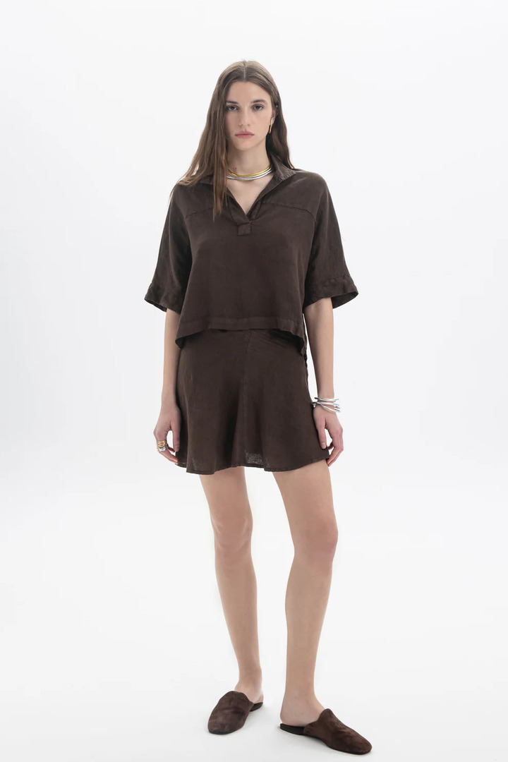 Linen Polo Top Brown