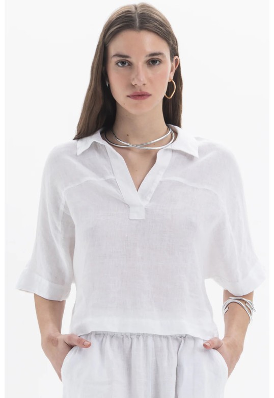 Linen Polo Top White