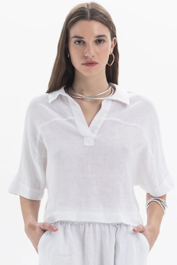 Linen Polo Top White