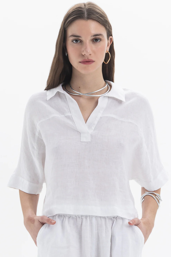 Linen Polo Top White