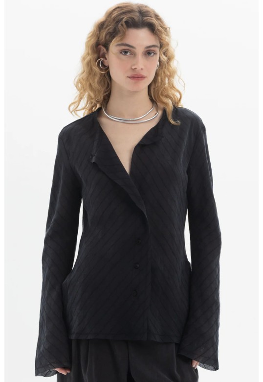 Ruffled V-Neck Blouse Black