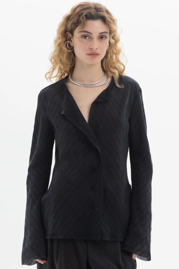 Ruffled V-Neck Blouse Black