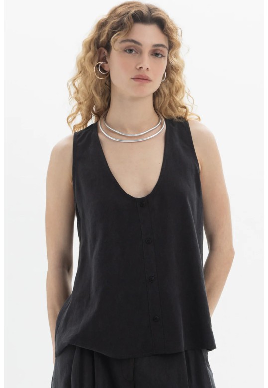 Sleeveless Button Top Black