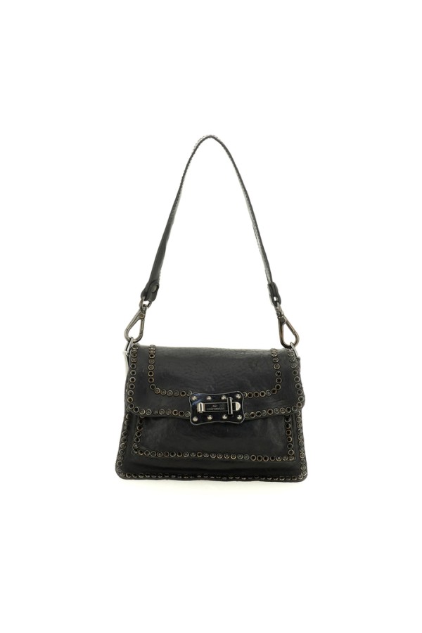 Agnese Crossbody Bag "AGNESE" in garment-dyed cowhide leather with studs-Black and Strass Black