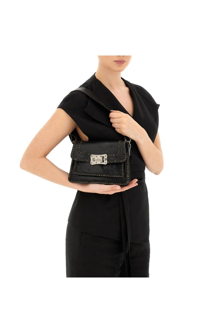 Agnese Crossbody Bag "AGNESE" in garment-dyed cowhide leather with studs-Black and Strass Black
