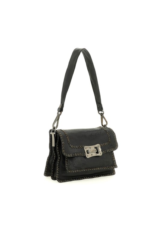 Agnese Crossbody Bag "AGNESE" in garment-dyed cowhide leather with studs-Black and Strass Black