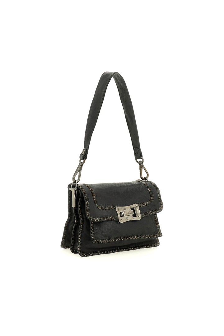 Agnese Crossbody Bag "AGNESE" in garment-dyed cowhide leather with studs-Black and Strass Black