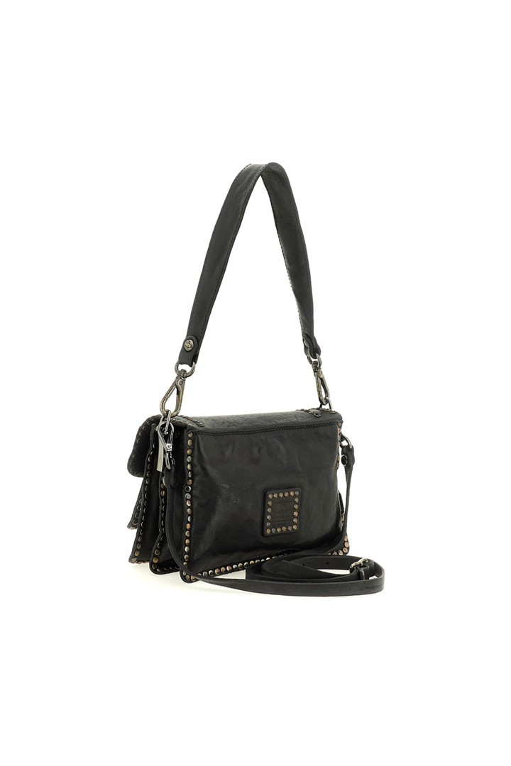 Agnese Crossbody Bag "AGNESE" in garment-dyed cowhide leather with studs-Black and Strass Black
