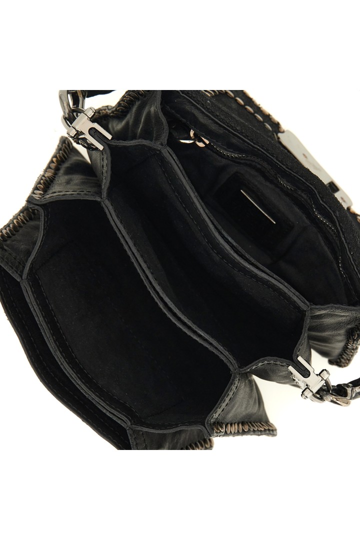 Agnese Crossbody Bag "AGNESE" in garment-dyed cowhide leather with studs-Black and Strass Black