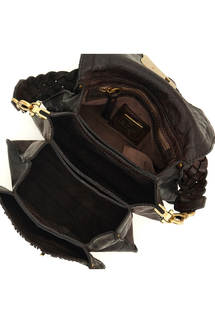 Pisa Crossbody Bag "AGNESE" in garment-dyed woven cowhide leather Brown