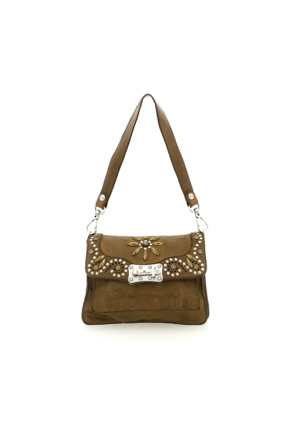 Siena Crossbody Bag "AGNESE" in garment-dyed cowhide leather with studs and drilling-Military