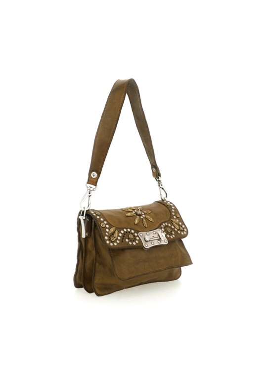 Siena Crossbody Bag "AGNESE" in garment-dyed cowhide leather with studs and drilling-Military