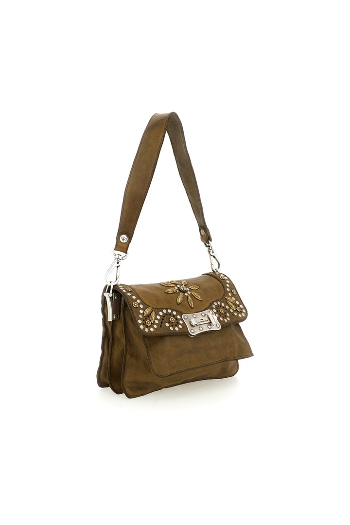 Siena Crossbody Bag "AGNESE" in garment-dyed cowhide leather with studs and drilling-Military