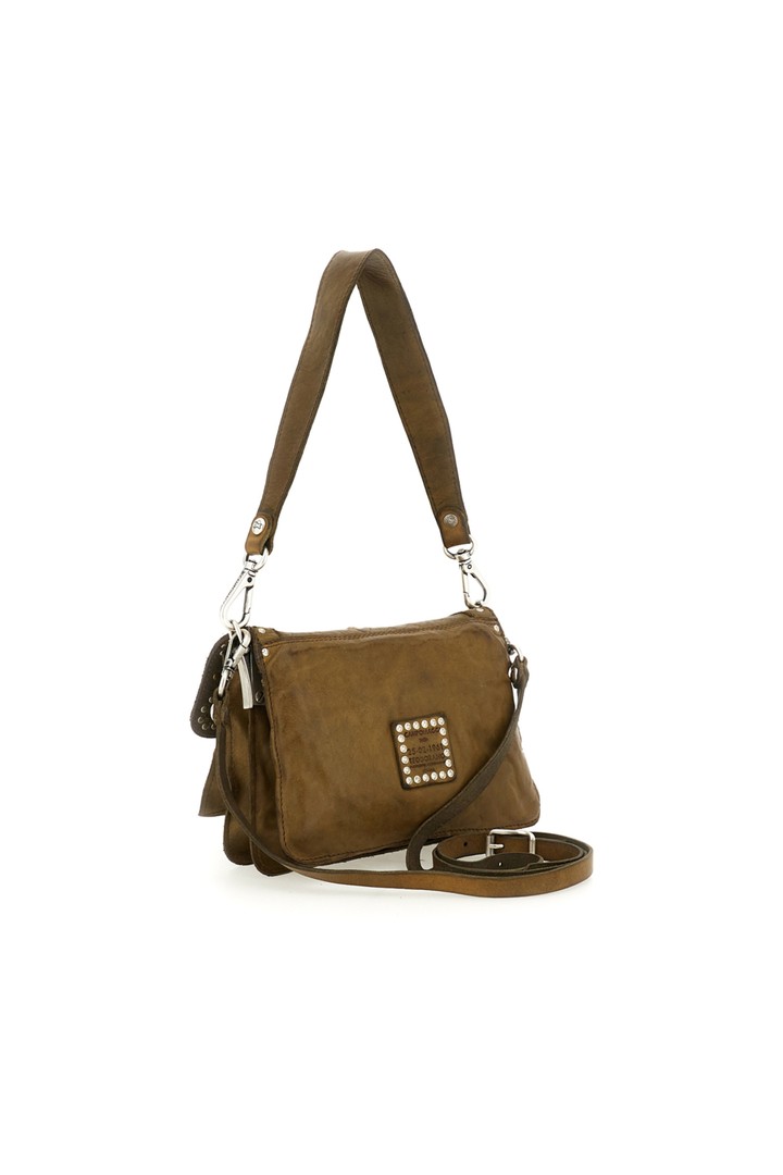Siena Crossbody Bag "AGNESE" in garment-dyed cowhide leather with studs and drilling-Military