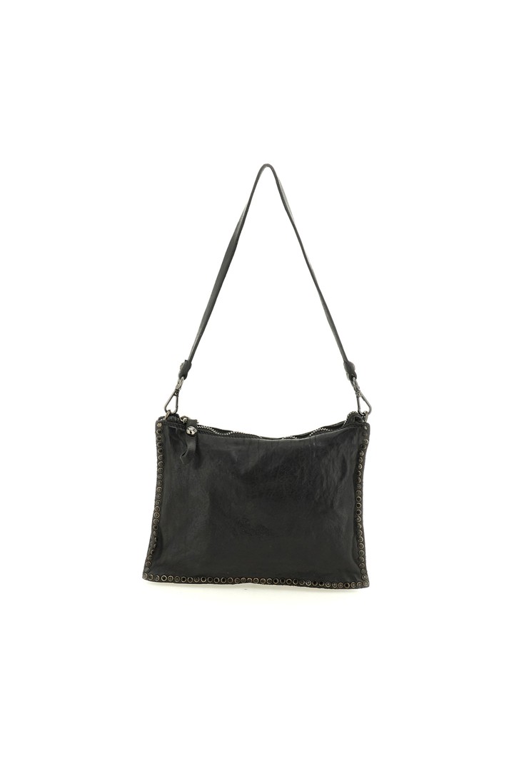 Montepulciano Crossbody Bag "EVA" in garment-dyed cowhide leather with rhinestones Black and Strass Black