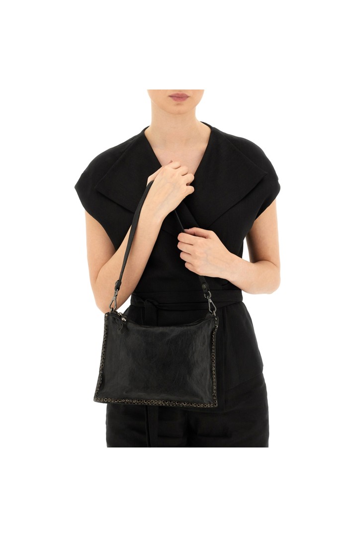 Montepulciano Crossbody Bag "EVA" in garment-dyed cowhide leather with rhinestones Black and Strass Black