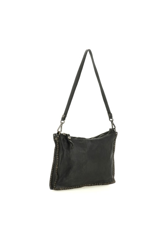 Montepulciano Crossbody Bag "EVA" in garment-dyed cowhide leather with rhinestones Black and Strass Black