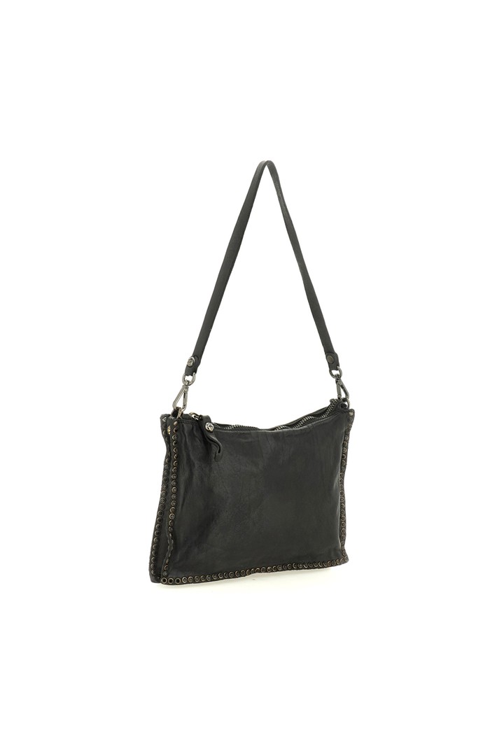 Montepulciano Crossbody Bag "EVA" in garment-dyed cowhide leather with rhinestones Black and Strass Black