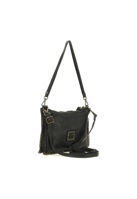 Montepulciano Crossbody Bag "EVA" in garment-dyed cowhide leather with rhinestones Black and Strass Black