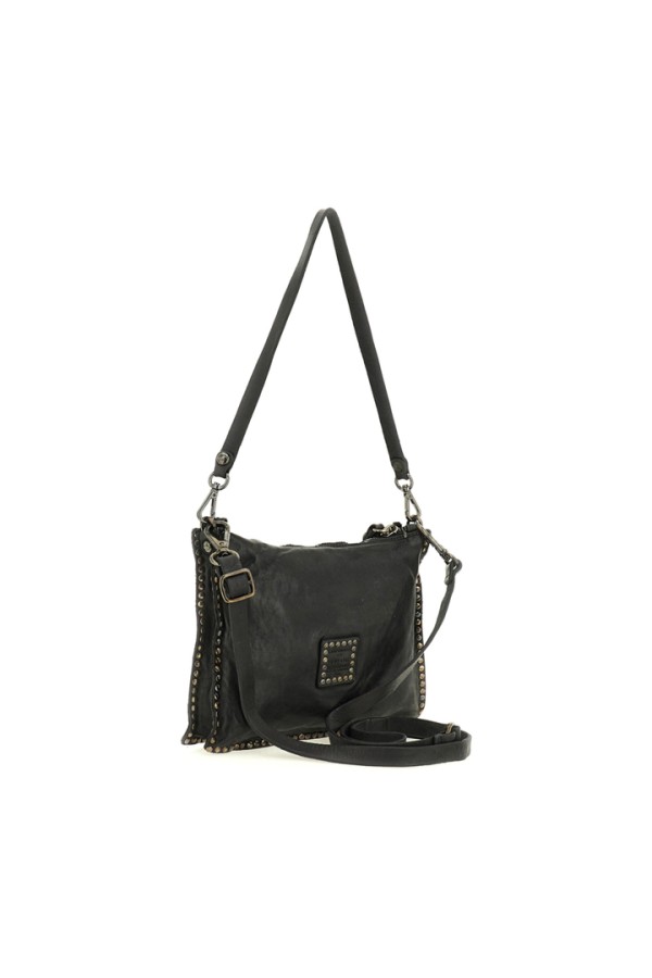 Montepulciano Crossbody Bag "EVA" in garment-dyed cowhide leather with rhinestones Black and Strass Black
