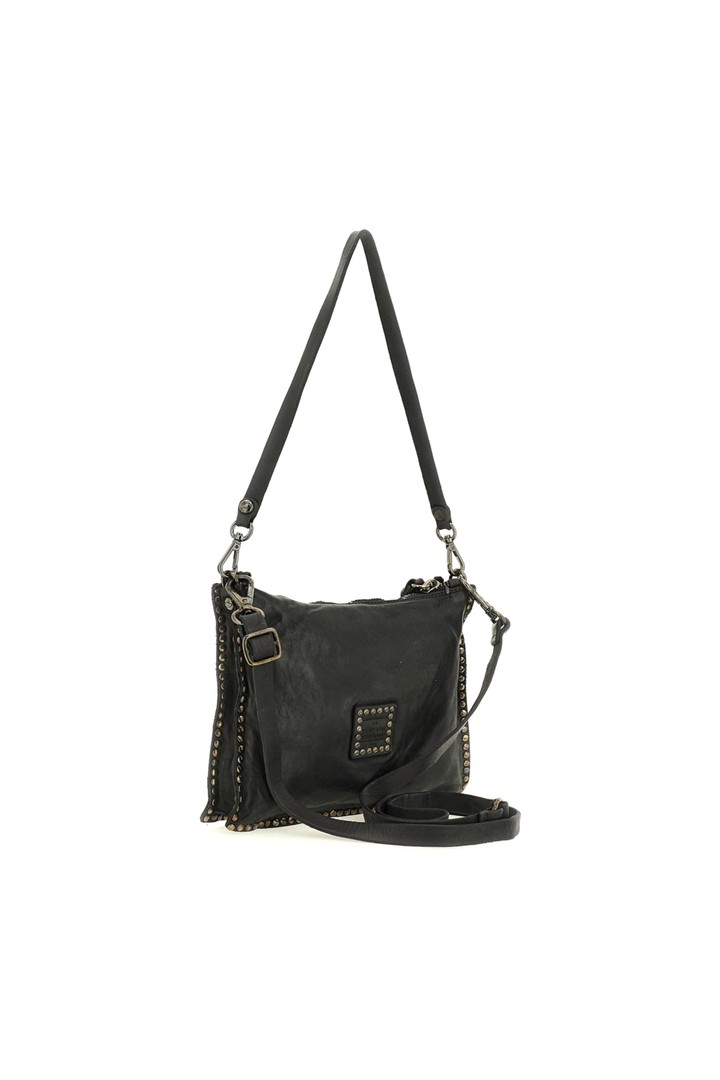 Montepulciano Crossbody Bag "EVA" in garment-dyed cowhide leather with rhinestones Black and Strass Black