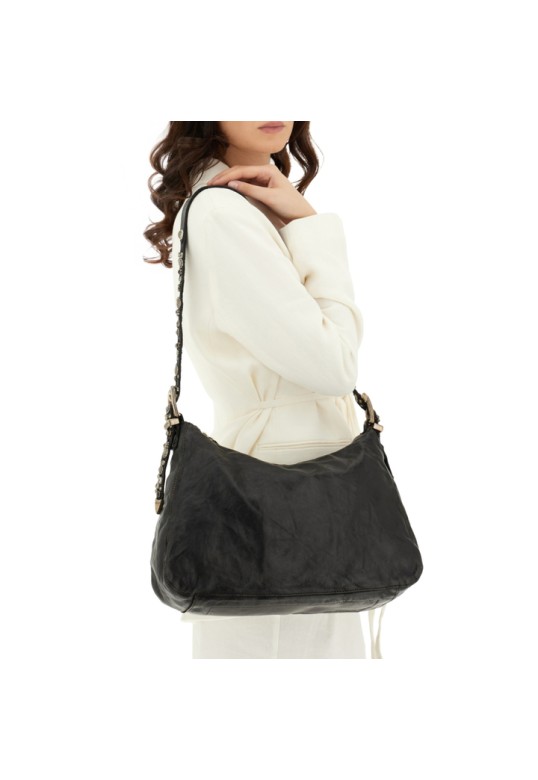 Cefalù Shoulder Bag "Giuliana" in garment-dyed cowhide leathers with studs and rhinestones