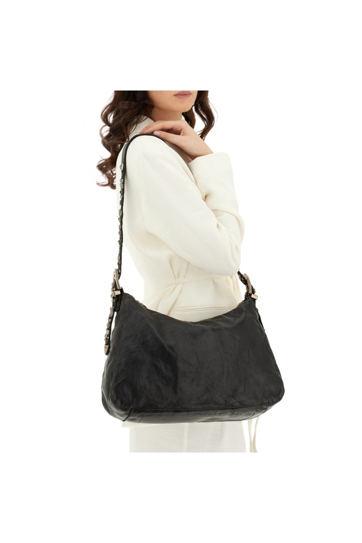 Cefalù Shoulder Bag "Giuliana" in garment-dyed cowhide leathers with studs and rhinestones