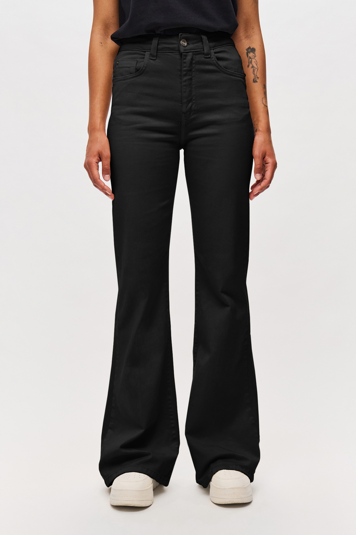 Mid Rise Denim Flared Trousers Black