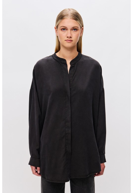 Oversized Tunic Shirt with Mao Collar black