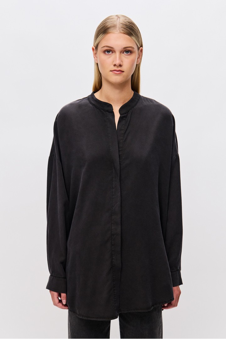 Oversized Tunic Shirt with Mao Collar black