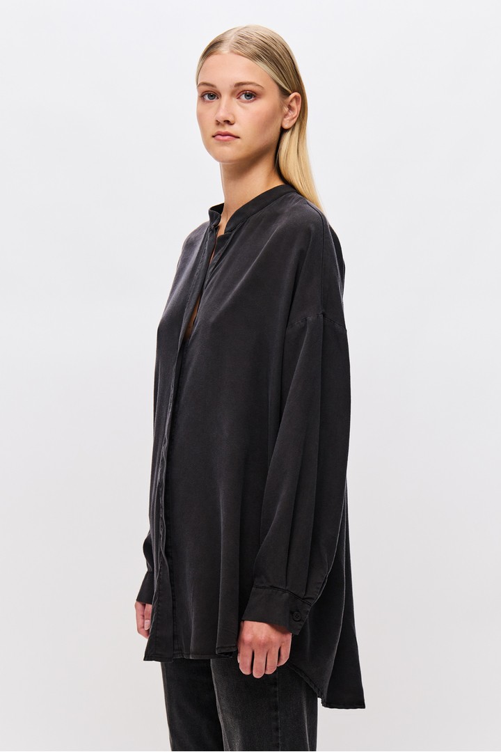 Oversized Tunic Shirt with Mao Collar black