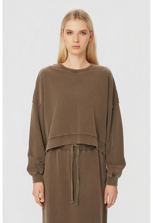 Asymmetric Crewneck with Rib Details Vintage Mocha