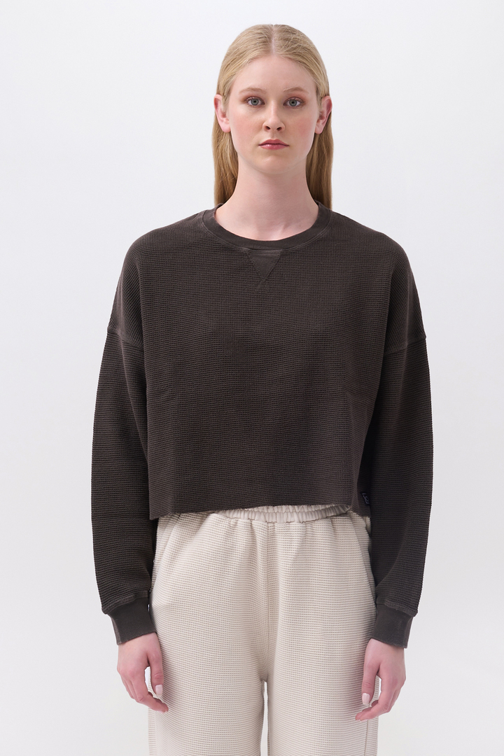 Cropped Waffle Longsleeve Top Vintage Mocha