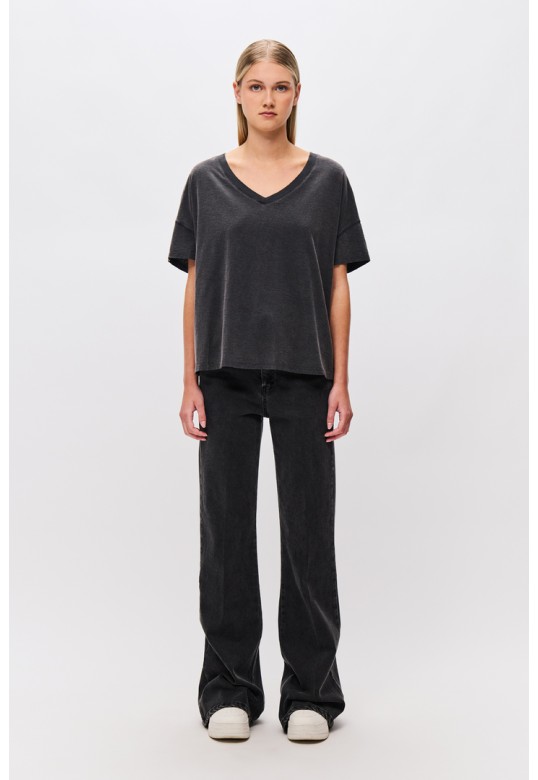 Oversized T-Shirt With V Neckline Vintage BLACK
