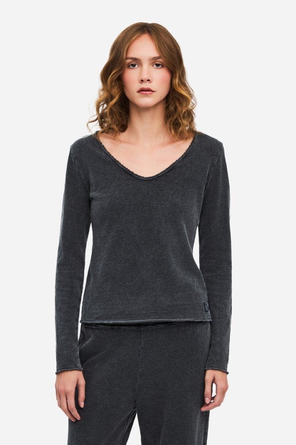 Long Sleeve V-Neck Top VINTAGE BLACK