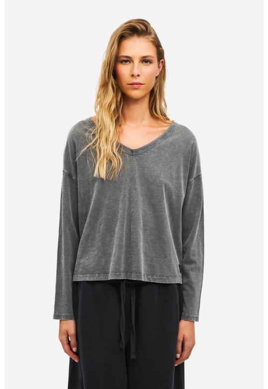 Oversized Long Sleeve V-Neck T-Shirt VINTAGE GREY