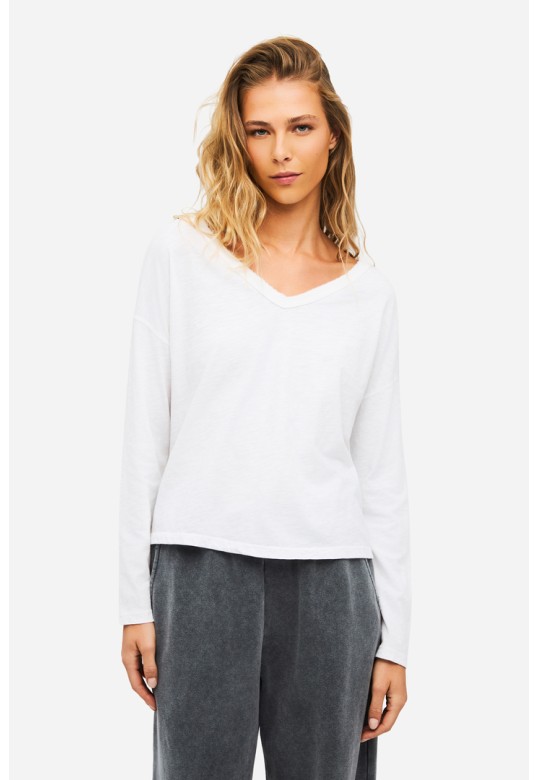 Oversized Long Sleeve V-Neck T-Shirt WHITE