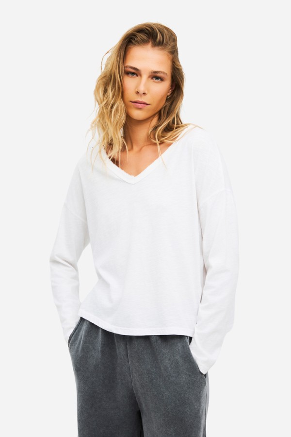 Oversized Long Sleeve V-Neck T-Shirt WHITE
