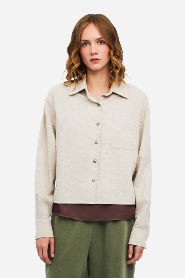 Cropped Checked Shirt Beige